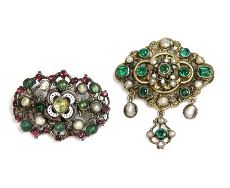 An Austro-Hungarian silver gilt gemstone and enamel brooch, c.1900,with foiled quartz cabochon rub set to the centre of a whi