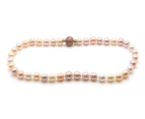 A single row cultured freshwater pearl necklace,with an 18ct two colour gold ruby and diamond clasp. Slightly graduated cultu