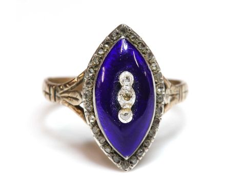 A Georgian diamond and enamel navette shaped ring,with three graduated Swiss cut diamonds, in cut down collets, in a fingerli