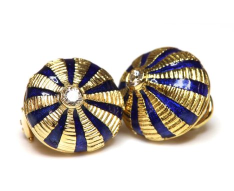 A pair of gold enamel and diamond earrings, by Jean Schlumberger for Tiffany &amp; Co.,of oval bombé form. A brilliant cut di