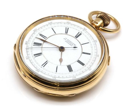 An 18ct gold lever set open faced chronograph pocket watch, 57mm diameter, with a white enamel dial, black Roman numerals and