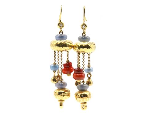 A pair of diamond stained chalcedony and cornelian drop earrings,with a brilliant cut diamond, spitch set to the top. A stain