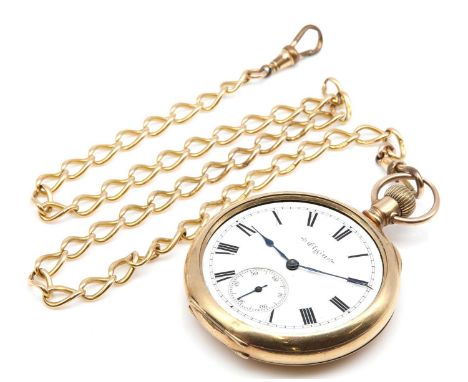 A rolled gold Elgin open faced pocket watch,50mm diameter. With a white enamel dial, blued spade hands, black Roman numerals 