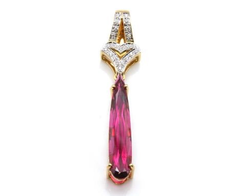 An 18ct gold rubellite tourmaline and diamond pendant,with a pear cut rubellite tourmaline, four claw set to a collet, with b