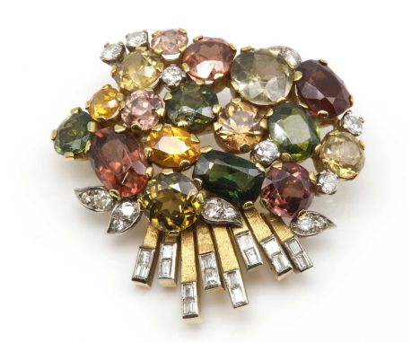 A gemstone and diamond posy brooch, c.1940-1950,in a fitted case by Hennell Frazer and Haws, London. Assorted graduated gemst