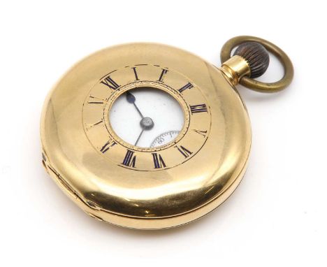 An 18ct gold half hunter pocket watch,43mm diameter, with a royal blue enamel Roman numerals chapter ring to the front cover,