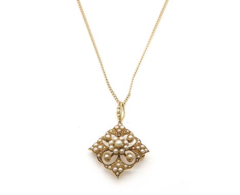 A late Victorian split pearl pendant/brooch, c.1900,with a pierced quatrefoil, to an offset square framework. A cluster of gr