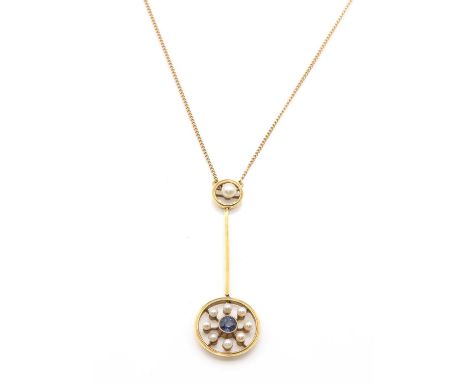 An Edwardian sapphire and seed pearl pendant,with a circular mixed cut sapphire, milligrain set to the centre. Radiating blad