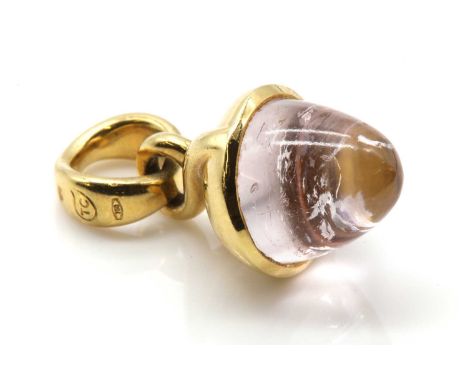 An 18ct gold rose quartz 'Mikado Bouquet' acorn pendant, by Tamara Comolli,with a carved rose quartz cabochon. Marked 750, It
