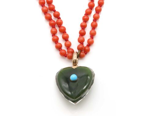 A late Victorian coral, nephrite, rock crystal and turquoise necklace,with a two row uniform coral bead necklace, the beads a