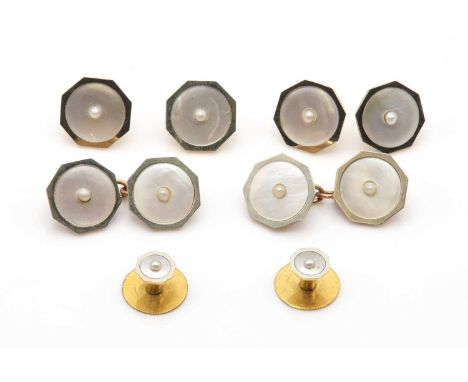 A cased Art Deco mother-of-pearl and seed pearl dress stud set,with four buttons, a pair of cufflinks and two dress studs. Oc