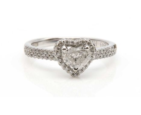 A white gold heart cut diamond halo cluster ring, a heart cut diamond, with a stated weight of 0.43ct, claw set and surrounde