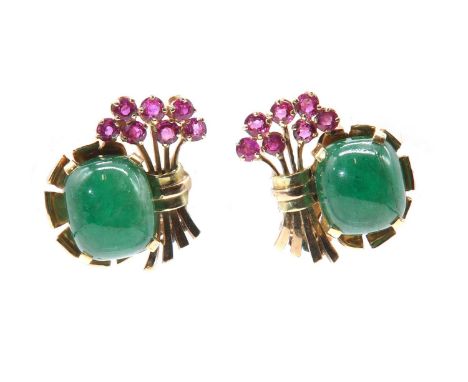 A pair of cabochon emerald and ruby spray earrings, c.1940,with a cushion shaped cabochon emerald, four claw set to a flower 