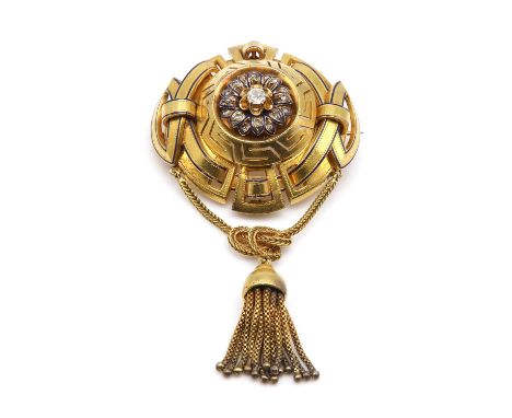 A Victorian diamond and enamel swag and tassel brooch, c.1850,of oval shield form. A conical flower head cluster with a cushi