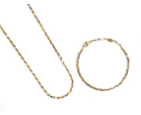 A three colour gold barley link chain and bracelet suite,that can be joined together and worn as a longer length necklace, wi