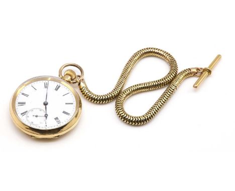 A Swiss gold pin set open faced pocket watch, 48mm diameter, with a white enamel dial, black Roman numerals, blued Breguet ha