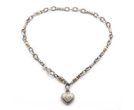 An American sterling silver, 18ct gold and diamond heart necklace, by Judith Ripka, c.2006,with twisted wire oval links, join