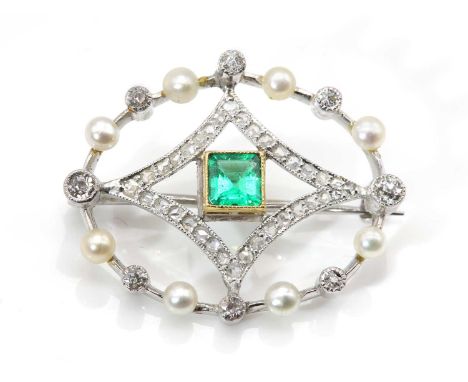 A two colour gold emerald, seed pearl and diamond brooch, c.1915-1925,with a square step cut emerald, milligrain set in a yel