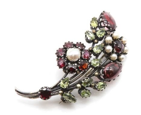 An Arts &amp; Crafts silver spray brooch, attributed to Dorrie Nossiter, with floral clusters of blister and cultured pearls,