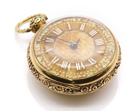 An 18ct gold key wind open faced pocket watch,with a 47mm case. A gold engine turned and textured dial with raised Roman nume