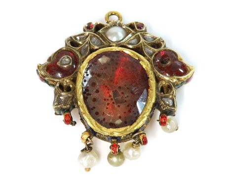 An Indian antique foiled spinel, pearl, diamond and enamel pendant,with a rose cut foil backed spinel, kundan set to the cent
