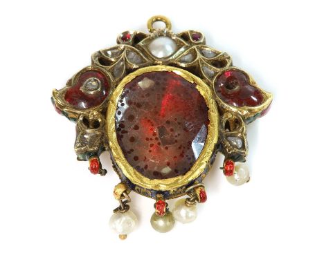 An Indian antique foiled spinel, pearl, diamond and enamel pendant,with a rose cut foil backed spinel, kundan set to the cent