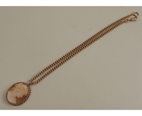 A carved cameo pendant, carved with a Classical portrait, in 9ct gold frame, together with a 9ct gold curb link chain