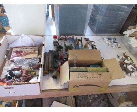 A collection of various Britain's and other toys, to include animals, rakes, carts, hunting figures, heavy horses, etc.