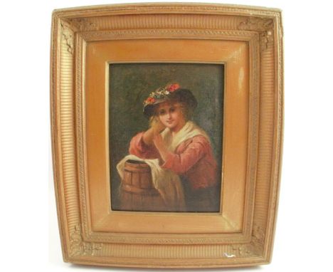 J J Hill, oil on canvas, portrait of a woman wearing a hat with flowers on it, 8ins x 6ins