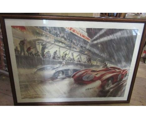 A colour print, 24 Houres du Mans 1954, 27ins x 39ins, together with a framed black and white photograph of Phil Hill in the 