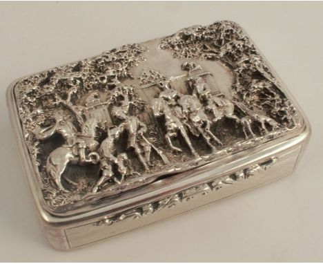 A Victorian silver snuff box, with ornate repousse cover of classical scene, with engine turned sides and base, engraved with