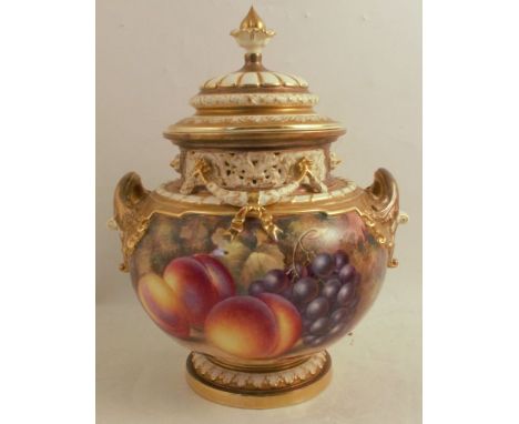 A Royal Worcester covered bow piece, decorated half round with hand painted fruit by Ayrton, shape number 1428, height 12.5in