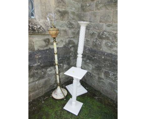 A telescopic oil lamp base, together with two painted plant stands