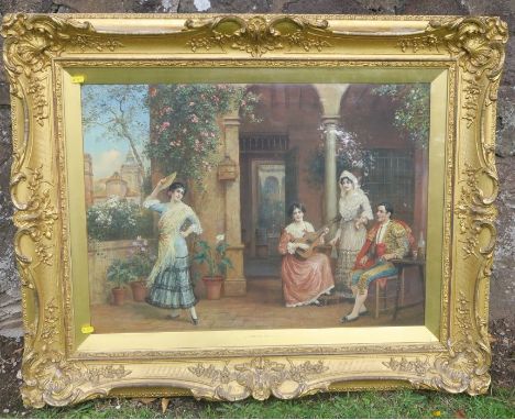 J Trevor Haddon, oil on canvas, the Flamenco dancer, with figures on a terrace playing guitar and dancing, 22ins x 30ins