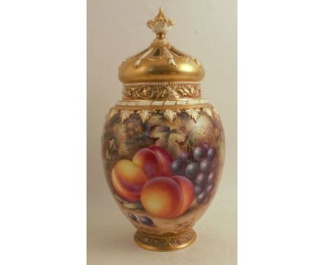 A Royal Worcester crown top pot pourri, decorated half round with hand painted fruit by Ayrton, height 13.5ins approx