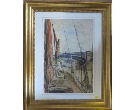 Clifford Hall, pastel, Albert Bridge, river scene with bridges and boats, 20ins x 13ins