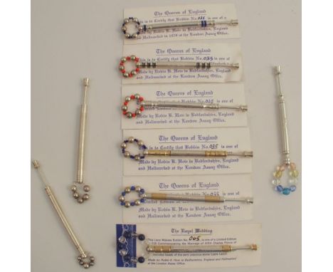 Robin How, Nine hallmarked silver limited edition lace bobbins, with bead ends, six with certificates, Catherine of Aragon, M