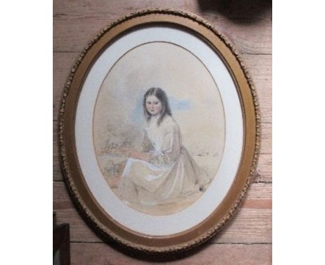 A 19th century oval watercolour, portrait of a young woman, maximum diameter 15.5ins
