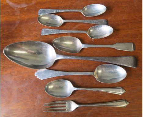 A Georgian silver serving spoon, London 1797, together with various other hallmarked silver flatware, weight 6oz