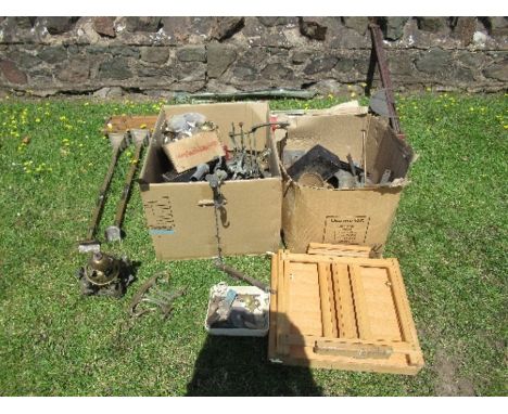 An artist's easel, music stand, various redundant metal parts, candle sticks, various door furniture and a mercury barometer