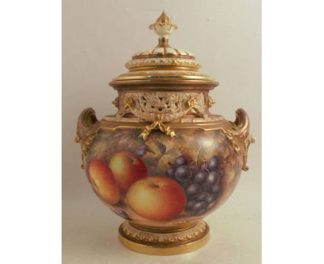 A Royal Worcester covered bow piece, decorated half round with hand painted fruit by Ayrton, shape number 1428, height 12.5in