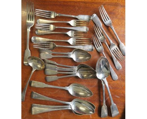 A collection of silver cutlery, to include a set of six fiddle pattern dessert spoons, London 1845, three Georgian silver ser