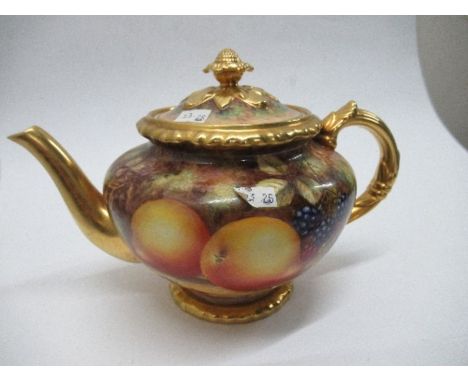 A Royal Worcester tea pot, decorated all around with hand painted fruit by Freeman, height 6.5ins