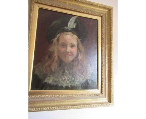 An English school, oil on canvas, portrait of a girl in feathered cap, 16.5ins x 13.5ins