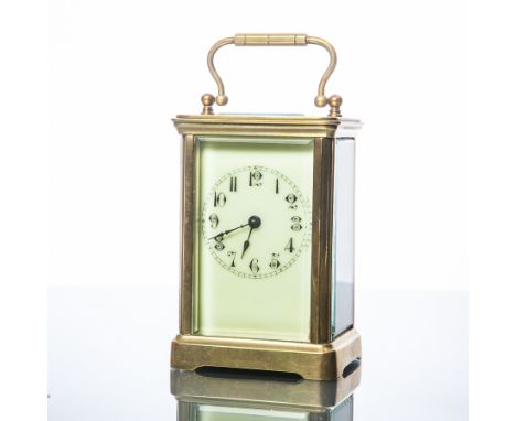 LATE VICTORIAN BRASS CARRIAGE CLOCK
unsigned single train movement with lever platform escapement, the enamel dial with Arabi