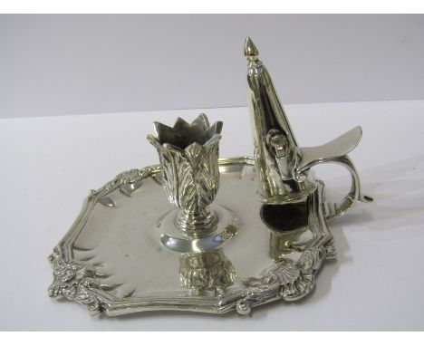 GEORGE III SILVER CHAMBER STICK, shaped octagonal base with foliate candle support and scroll handle with snuffer (unassayed)