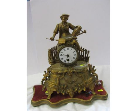 19th CENTURY FRENCH MANTEL CLOCK, 19th Century gilt cased mantel clock with gardener figure cresting and original shaped stan