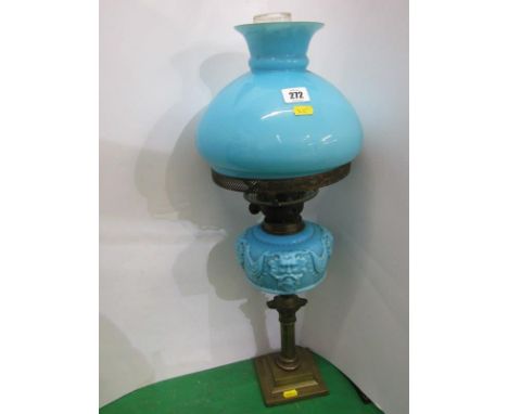 EDWARDIAN OIL LAMP, brass column base blue glass oil lamp with blue glass shade 