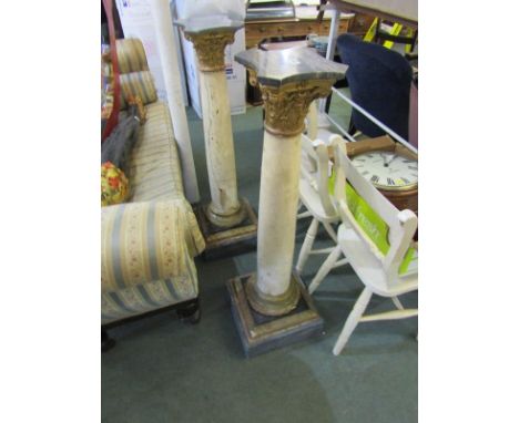 ARCHITECTURAL, pair of white marble display stands with gilt foliate shelf supports and square base, 44" height 