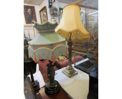 PLATED TABLE LAMP, classical column square base table lamp and shade, together with Edwardian figure support table lamp 